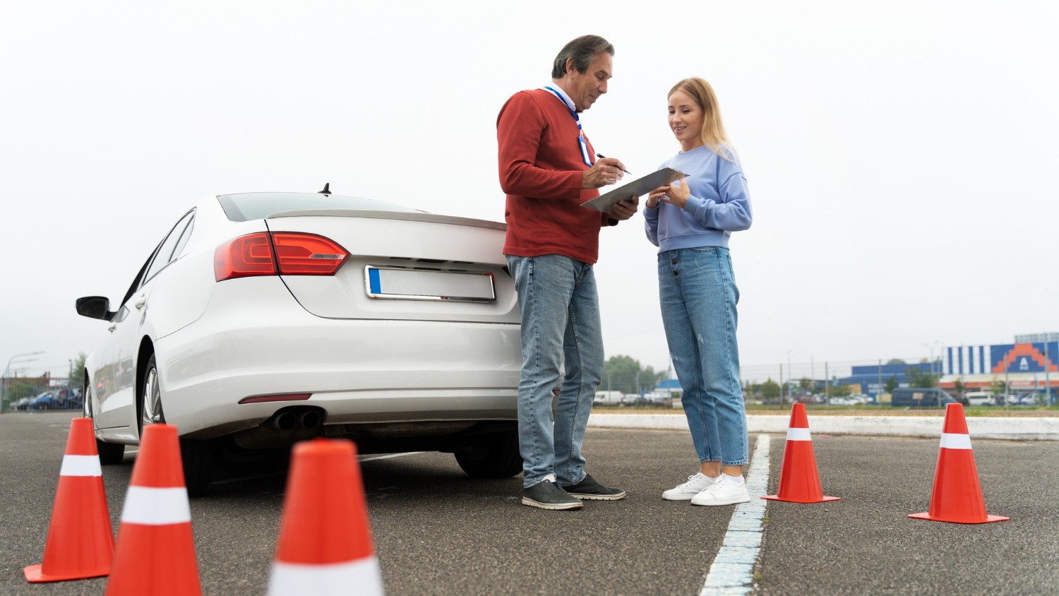 Praktijkexamen situatie bij Rijschool Tilburg met instructeur en leerling naast lesauto