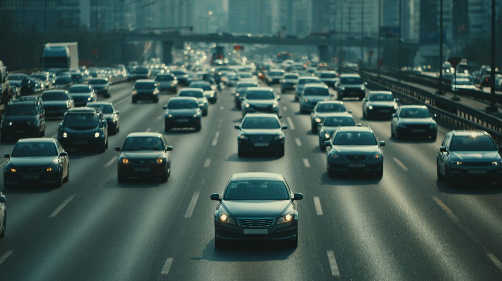 Drukke snelweg met veel verkeer waar defensief rijden bijdraagt aan veilig en voorspelbaar rijgedrag.