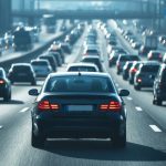 Auto houdt positie in druk verkeer waarbij defensief rijden helpt om overzicht en controle te behouden.