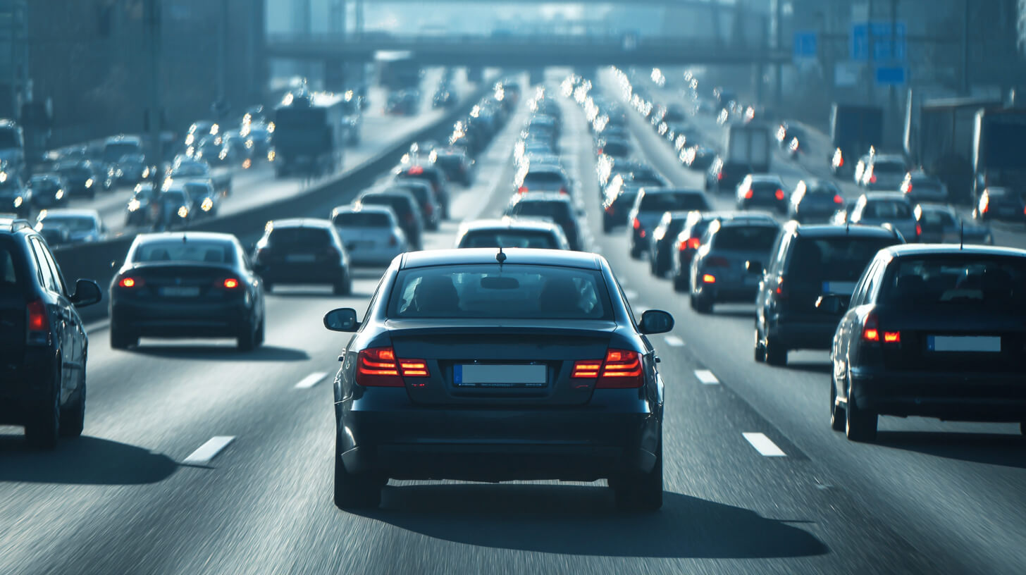 Auto houdt positie in druk verkeer waarbij defensief rijden helpt om overzicht en controle te behouden.