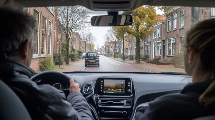 Rijinstructeur begeleidt leerling tijdens rijles in een lesauto op een Nederlandse straat.